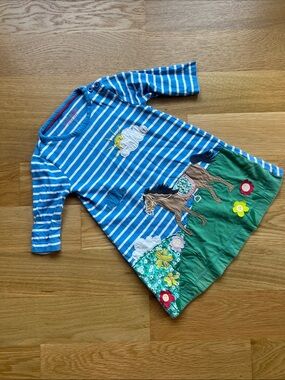 Mini Boden Blue and White Striped Dress with Green Meadow and Horse Appliqué